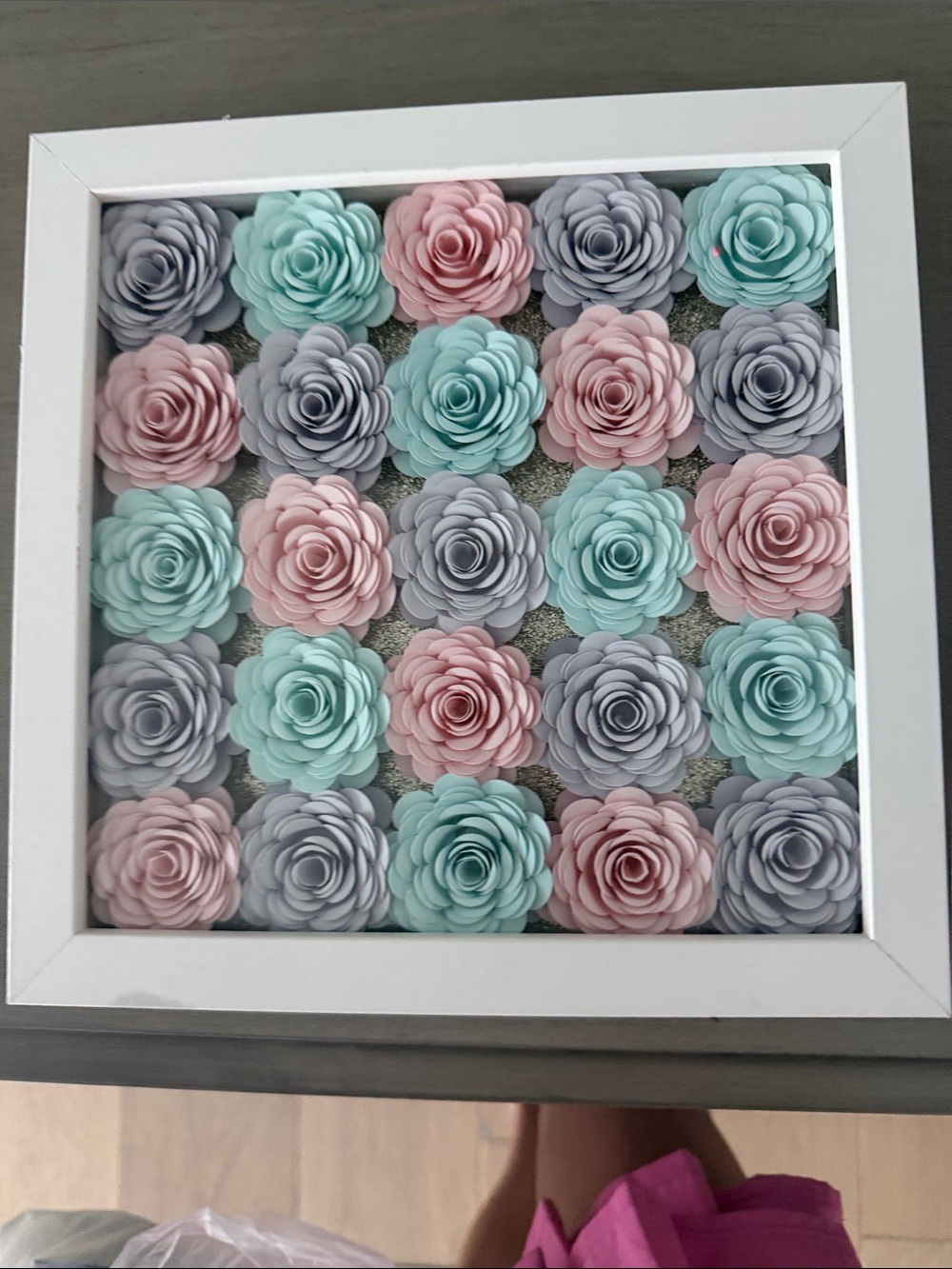 Framed Pastel Paper Flower Wall Art - Pink, Mint & Gray
